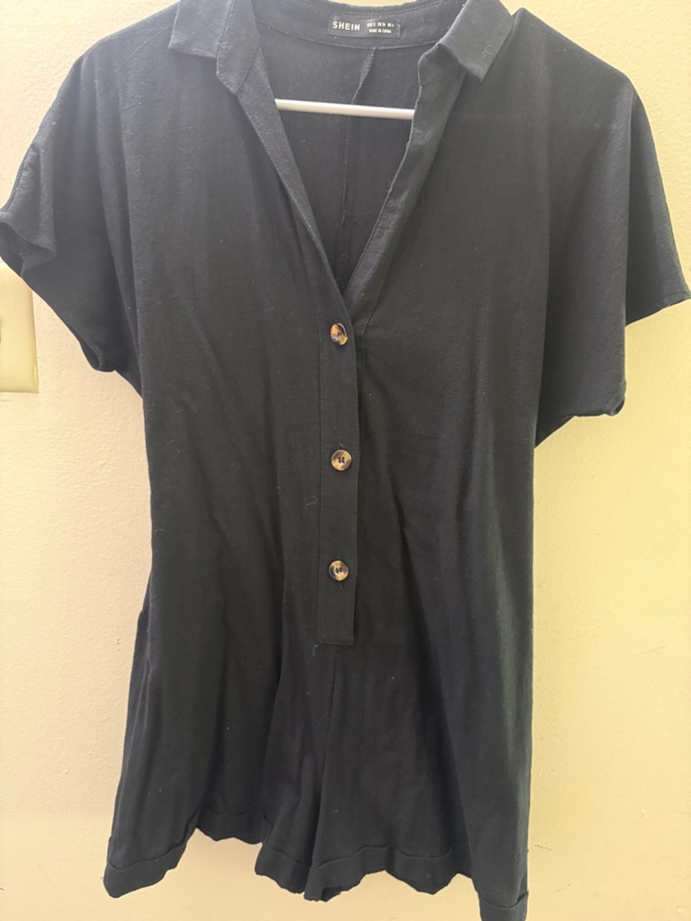 SHEIN Black Short-Sleeve Button Front Romper with Tortoiseshell Buttons